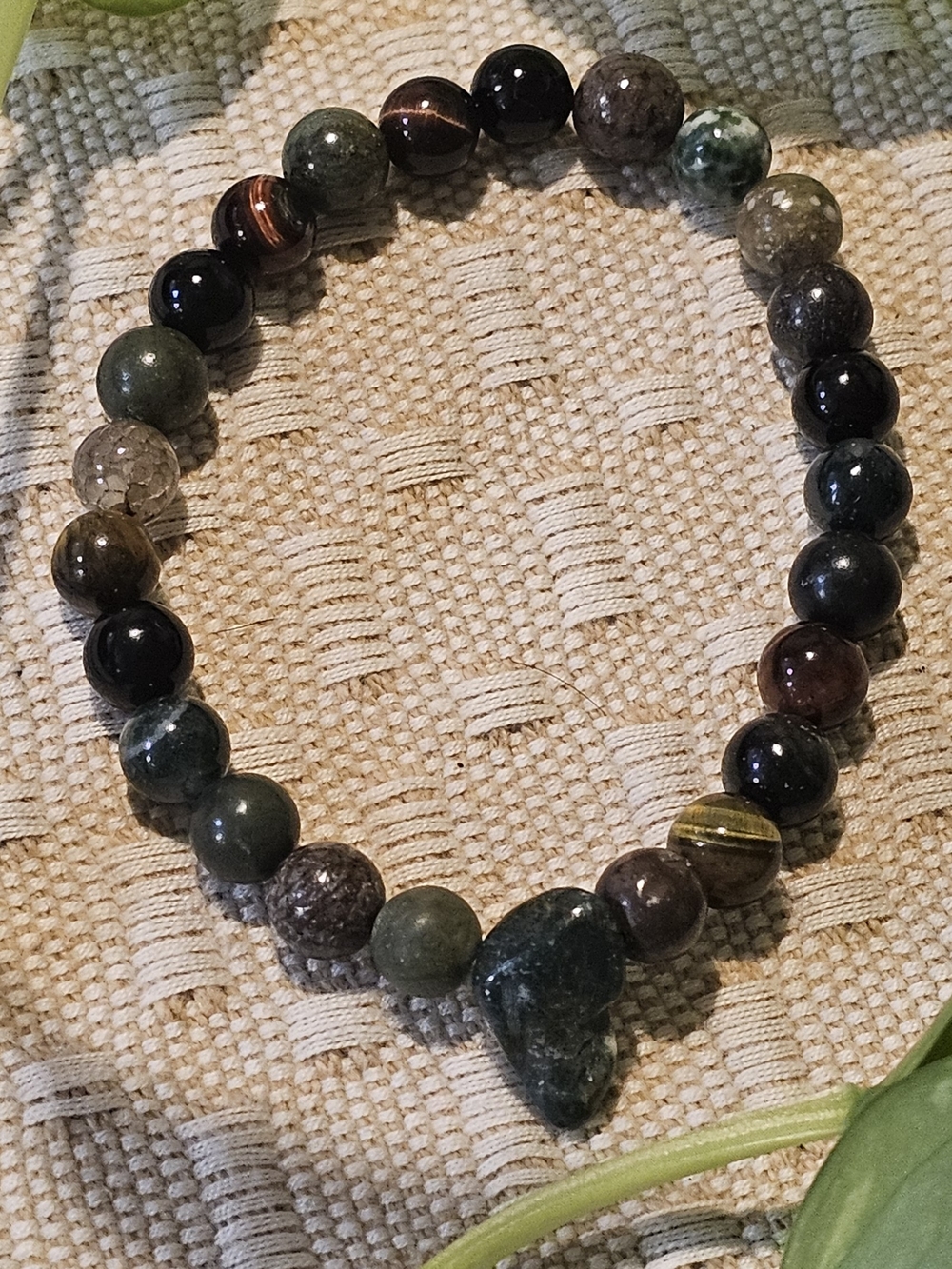 Earth Tone Grounding Handmade Green and Brown Beaded Heart Pendant Bracelet